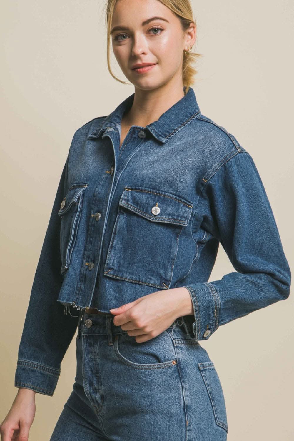 Premium Love Tree Raw Hem Button Up Cropped Denim Jacket
