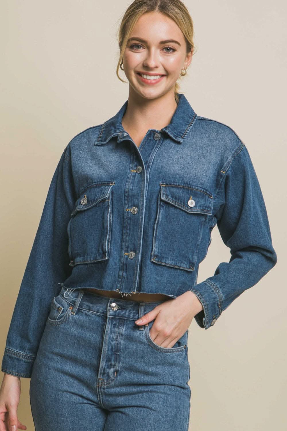 Premium Love Tree Raw Hem Button Up Cropped Denim Jacket
