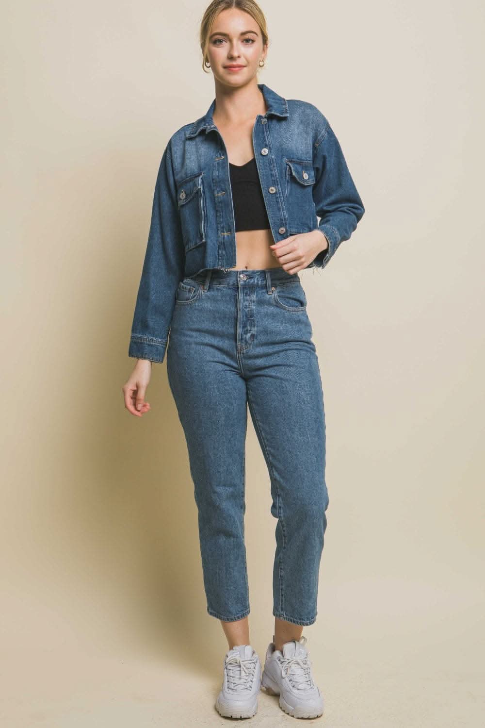 Premium Love Tree Raw Hem Button Up Cropped Denim Jacket