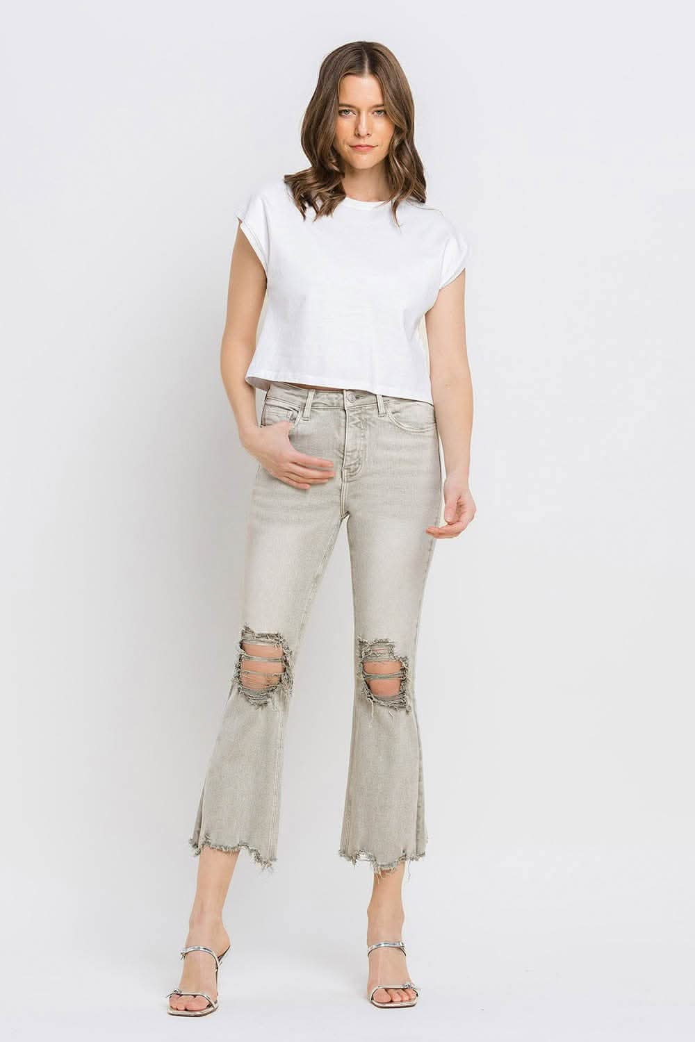 Premium Lovervet Distressed Raw Hem Cropped Flare Jeans