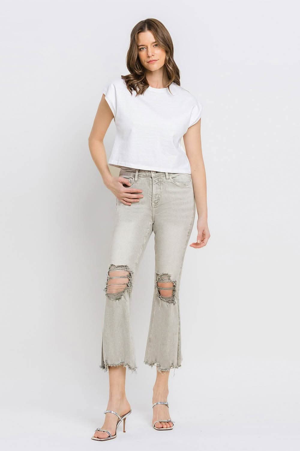 Premium Lovervet Distressed Raw Hem Cropped Flare Jeans