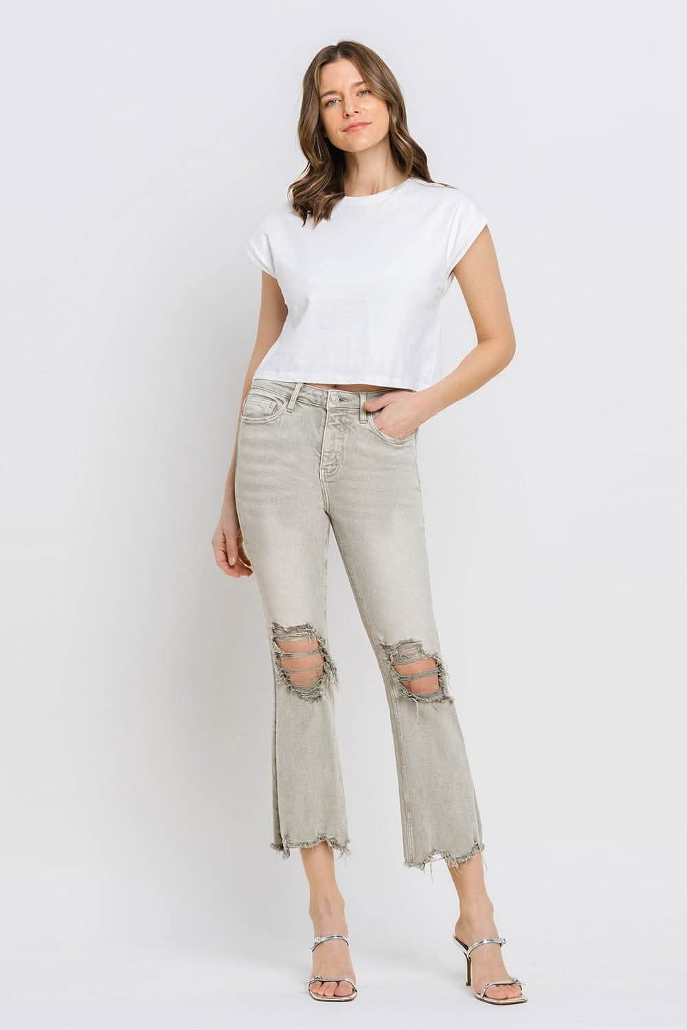 Premium Lovervet Distressed Raw Hem Cropped Flare Jeans
