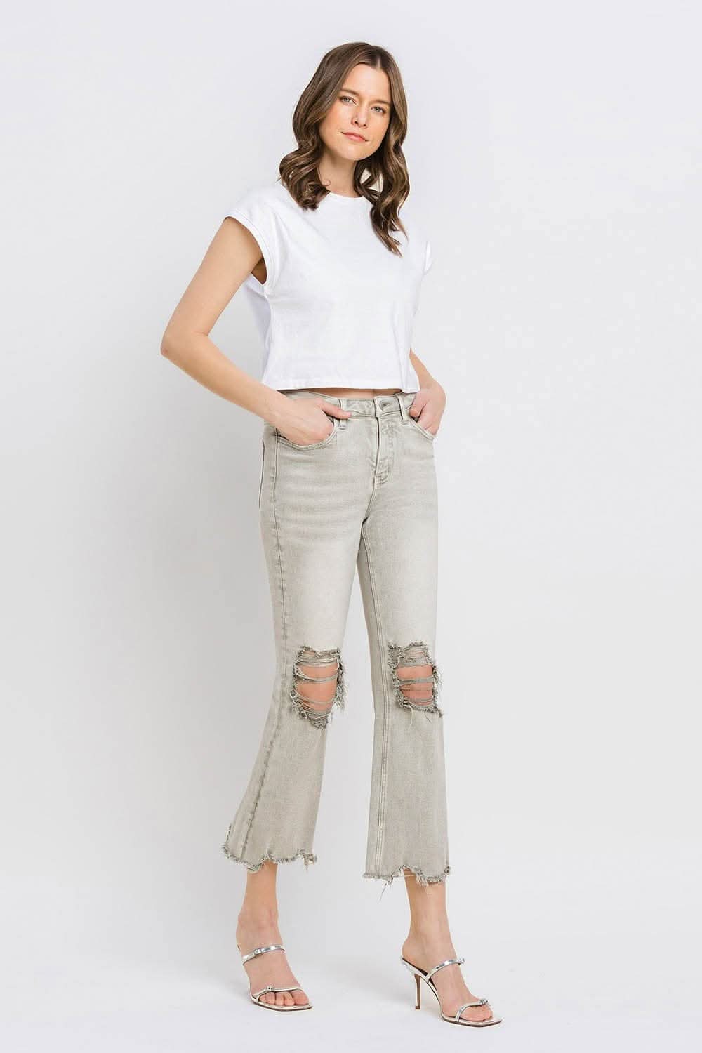 Premium Lovervet Distressed Raw Hem Cropped Flare Jeans