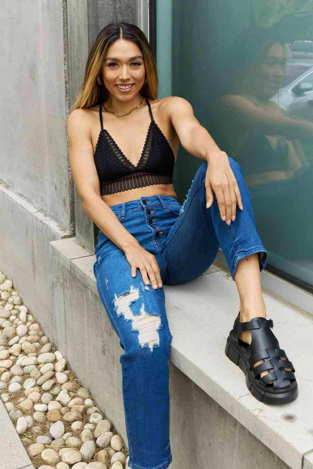 Midnight Blossom Lace Racerback Bralette with Ribbed Detail