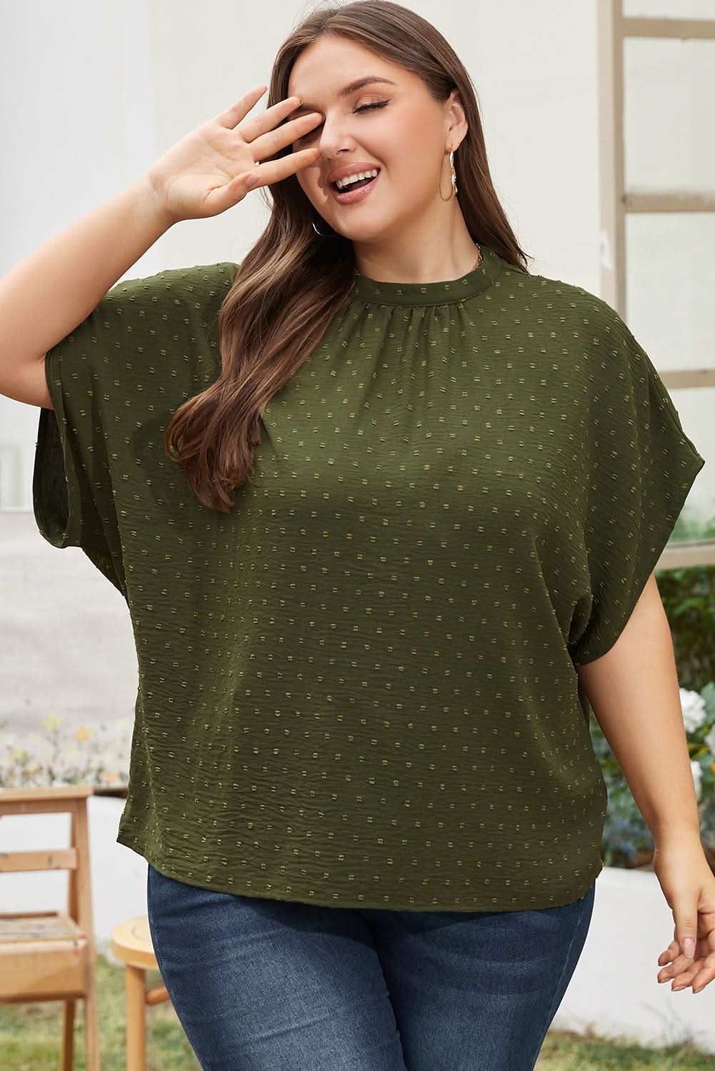 Moss green plus size swiss dot top
