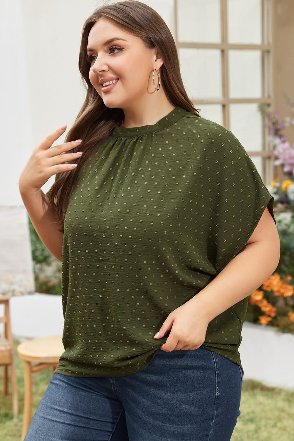 Moss green plus size swiss dot top