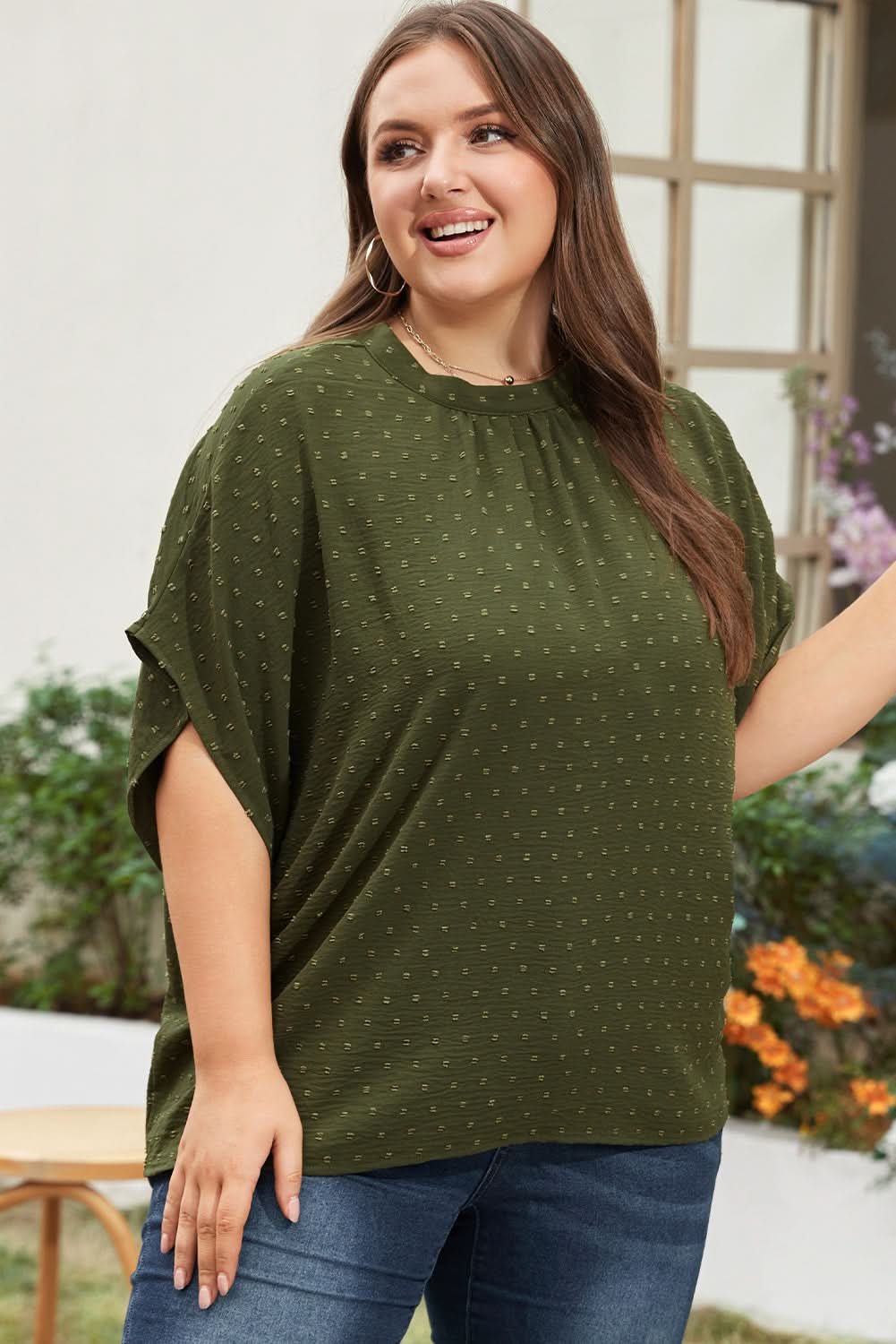 Moss green plus size swiss dot top