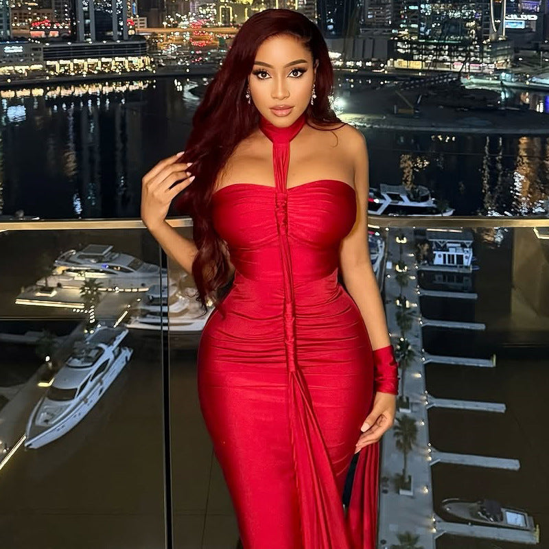 Solid Color Elegant Women Backless Lace up Tube Top Hip Pleated off Neck Dress Cocktail Dress