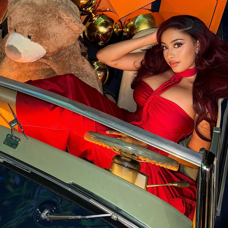 Solid Color Elegant Women Backless Lace up Tube Top Hip Pleated off Neck Dress Cocktail Dress