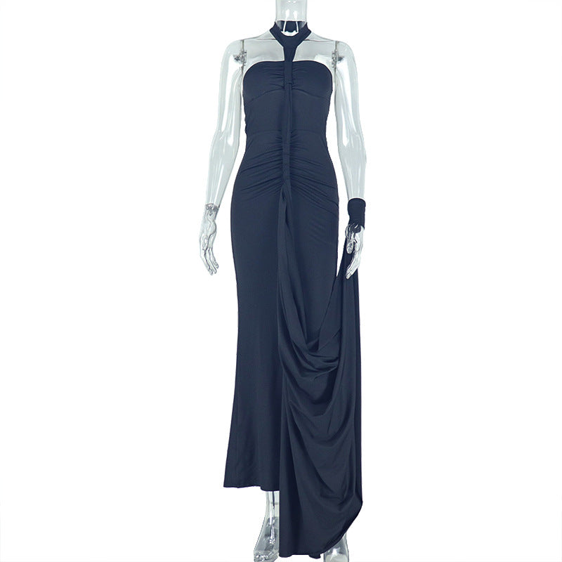 Solid Color Elegant Women Backless Lace up Tube Top Hip Pleated off Neck Dress Cocktail Dress