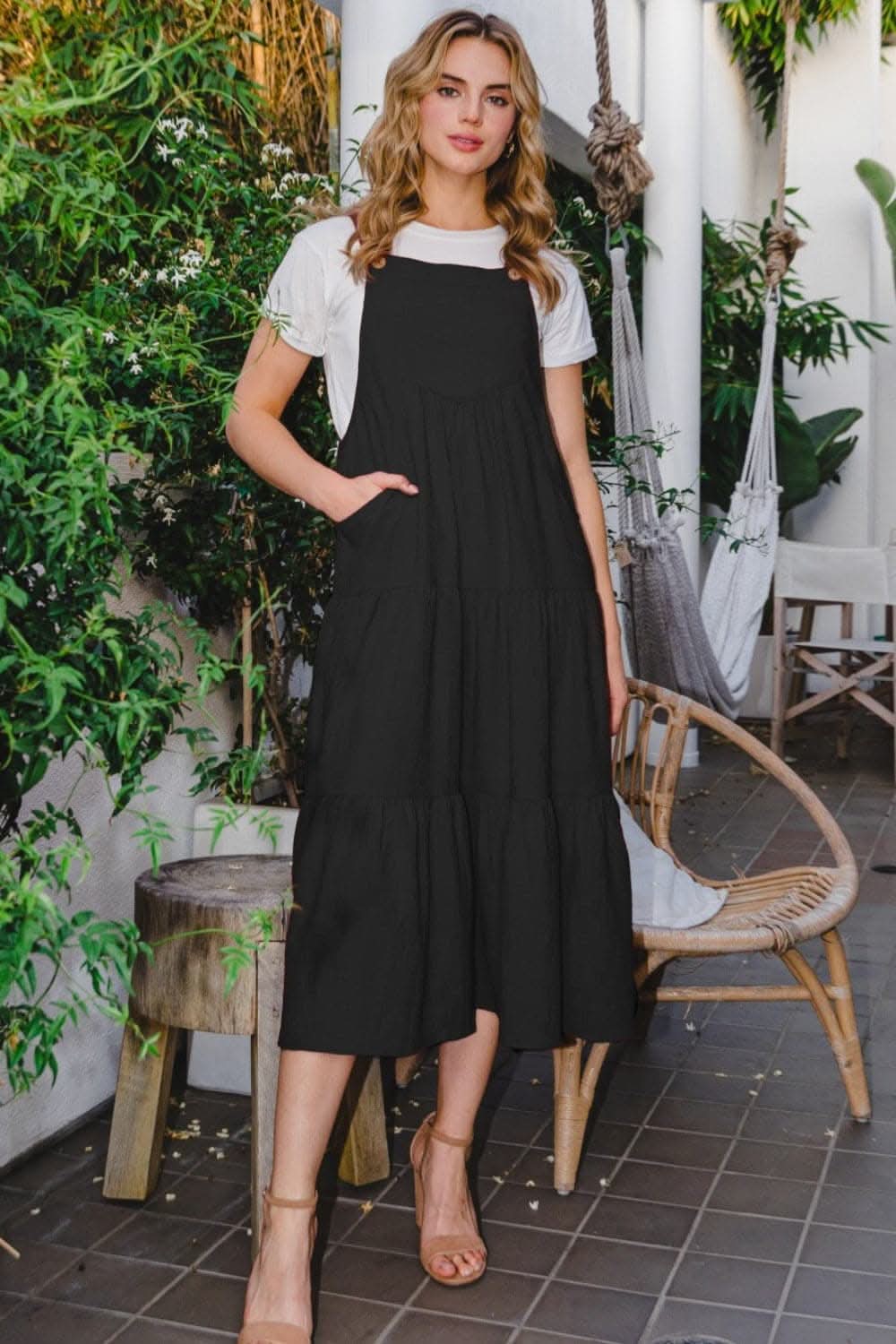 ODDI Full Size Sleeveless Tiered Midi Dress with Pockets
