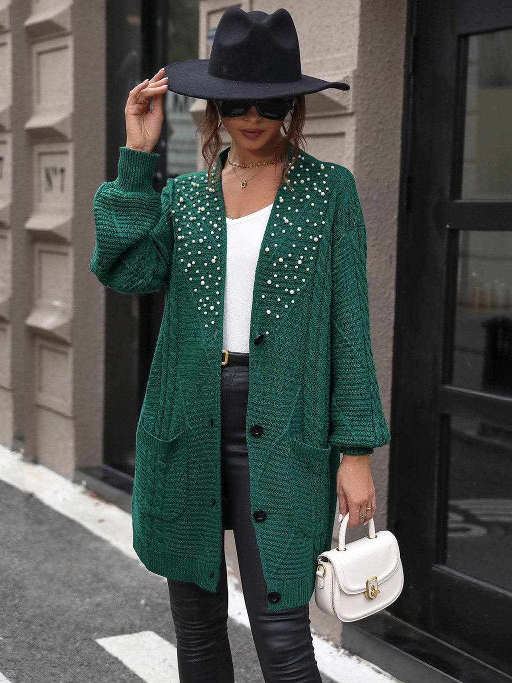 Pearl Detail Cable-Knit Cardigan