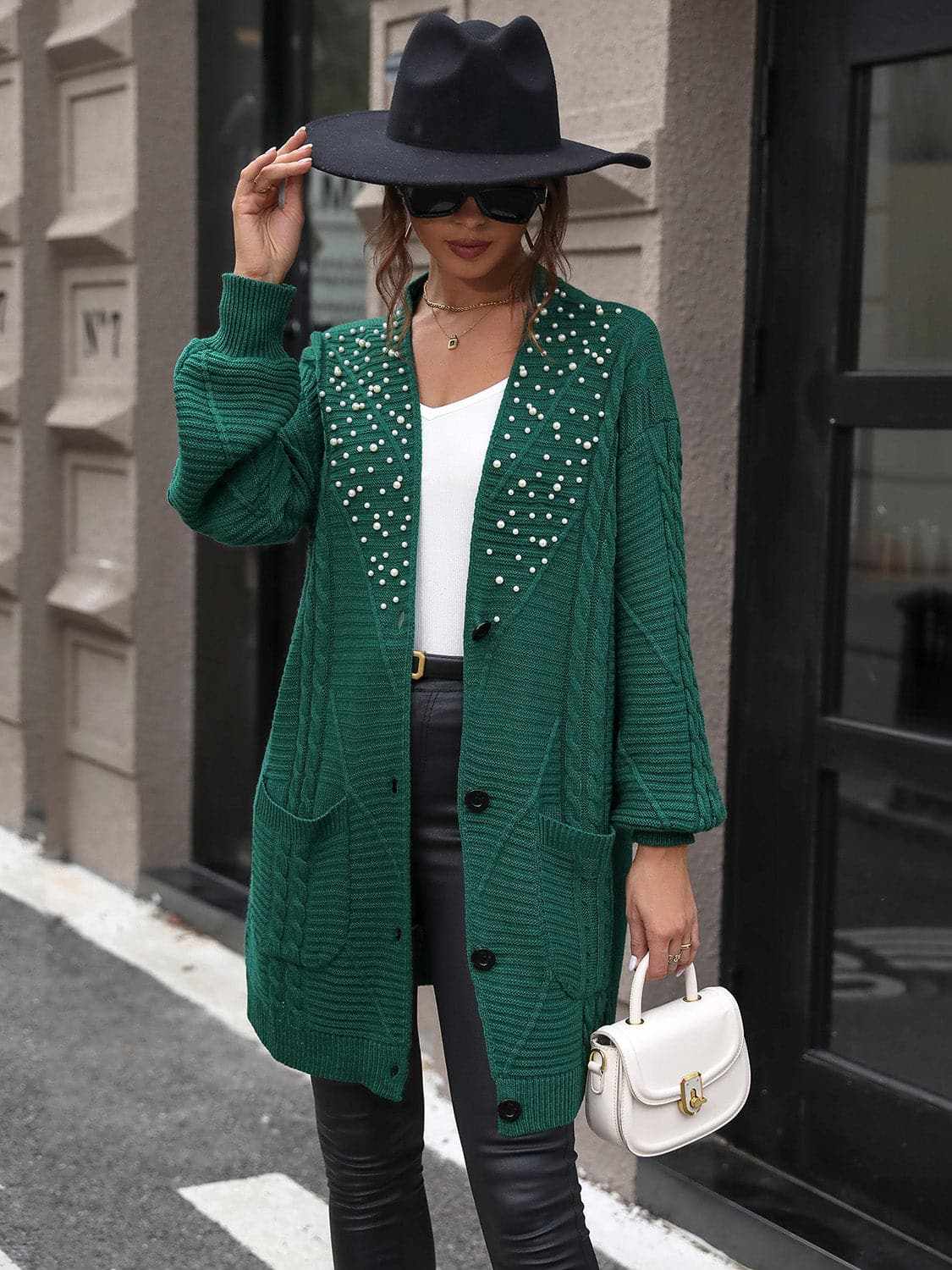 Pearl Detail Cable-Knit Cardigan