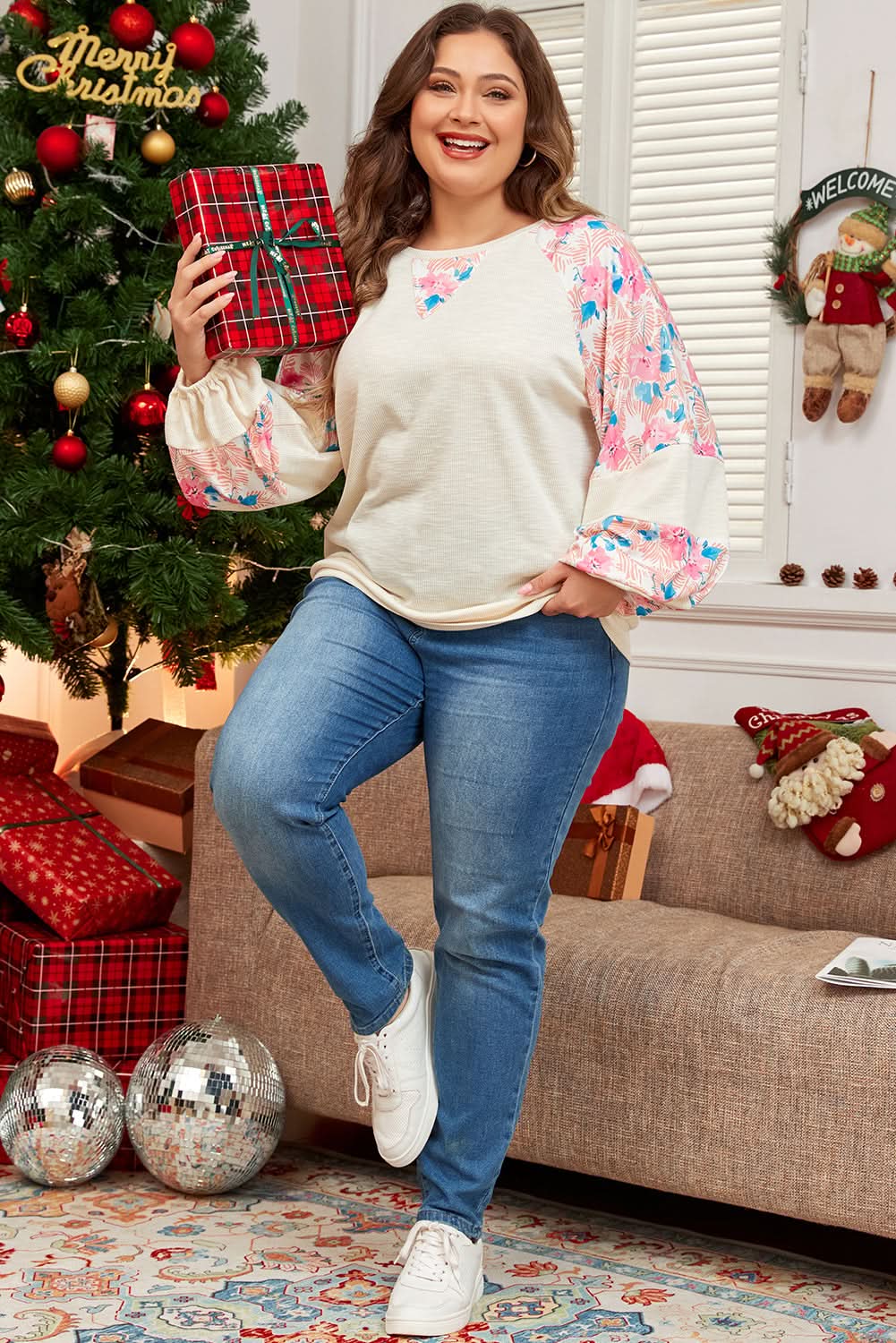 Plus-size apricot floral top