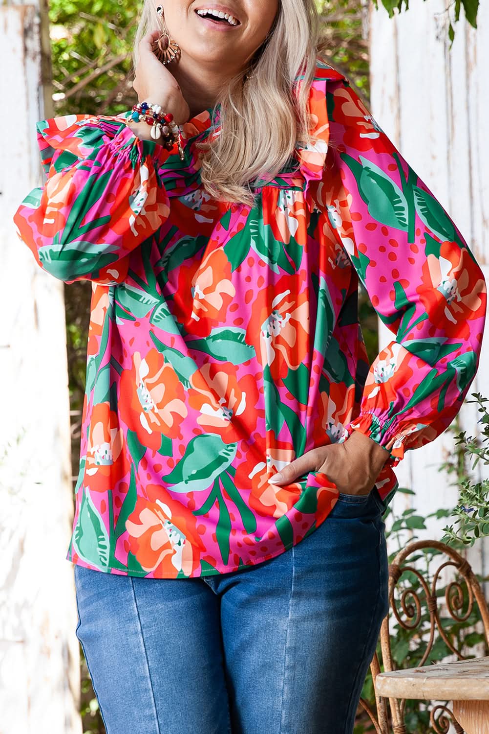 Plus size floral ruffle blouse