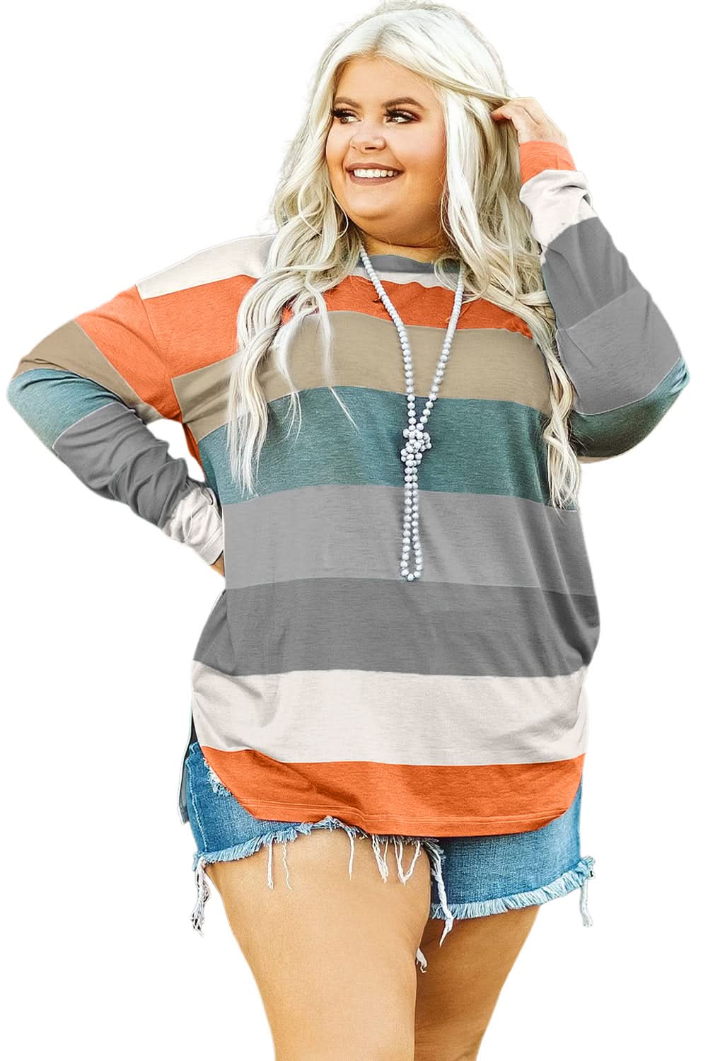 Plus size green stripe pullover