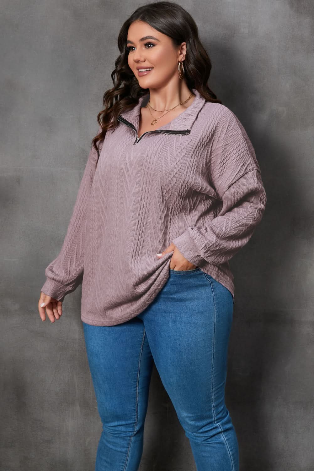 Plus size zip neck pullover