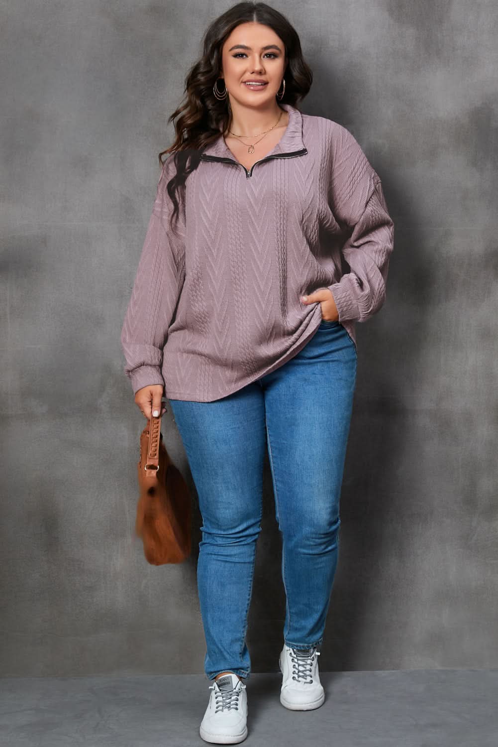 Plus size zip neck pullover