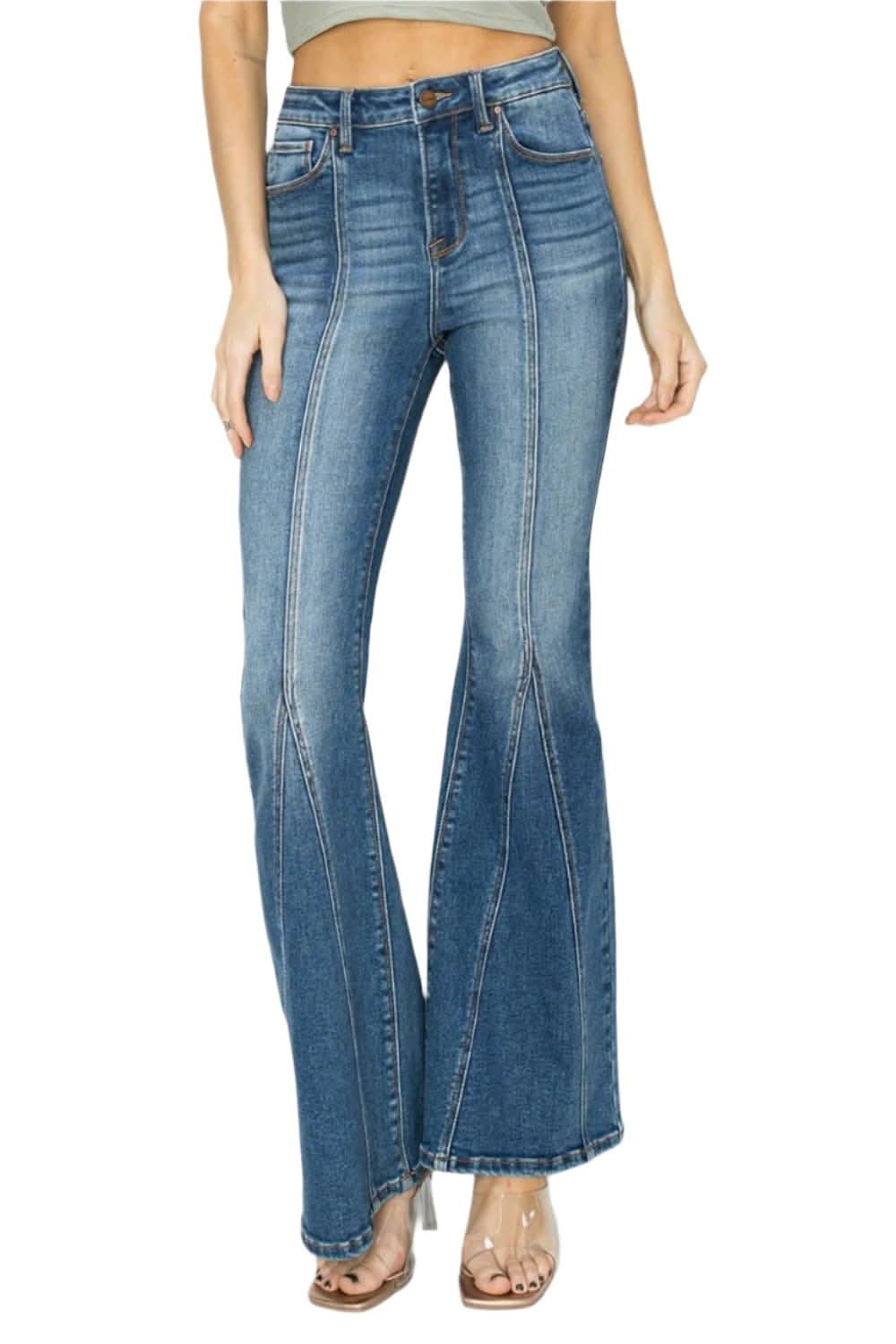 Premium RISEN Full Size High Rise Front Seam Detailed Flare Jeans