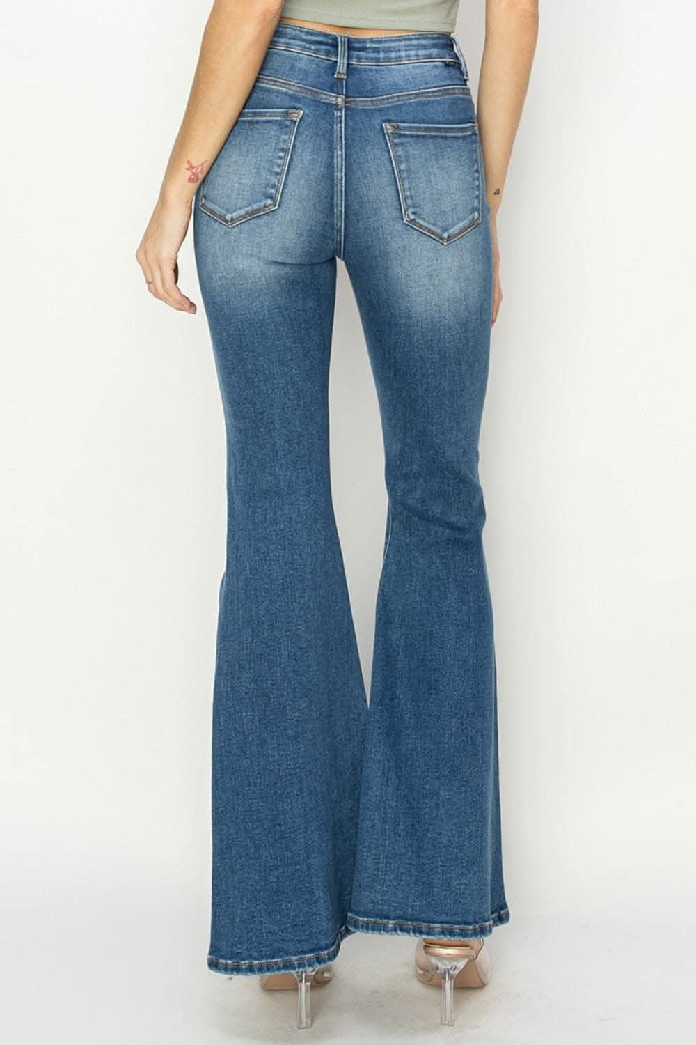 Premium RISEN Full Size High Rise Front Seam Detailed Flare Jeans