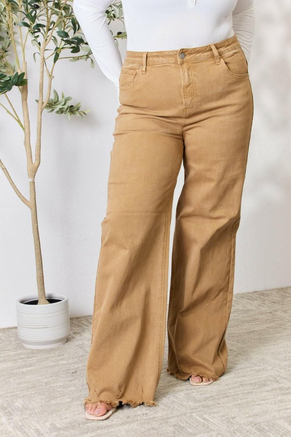 RISEN High-Waisted Wide Leg Fringe Jeans