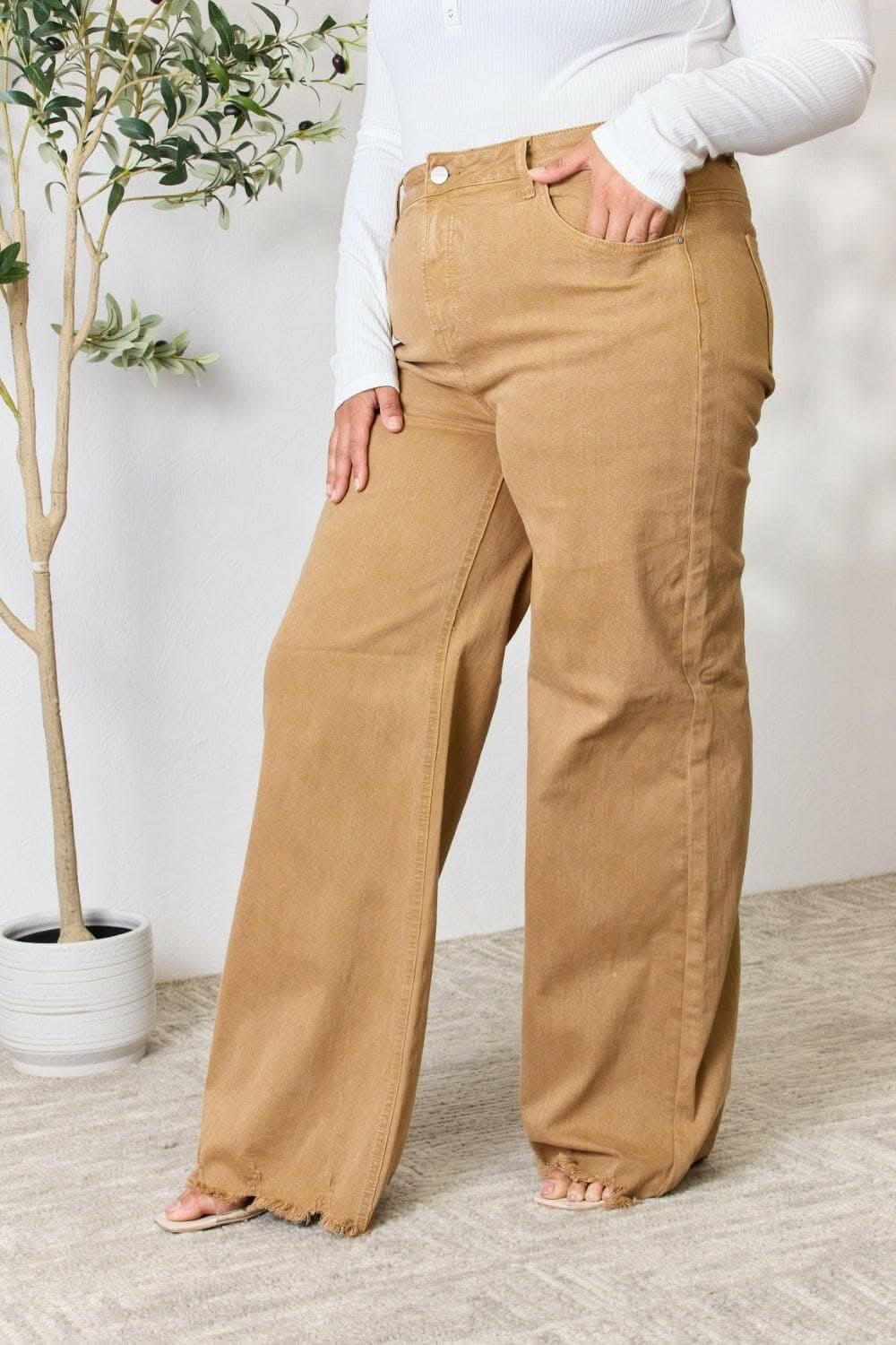 RISEN High-Waisted Wide Leg Fringe Jeans