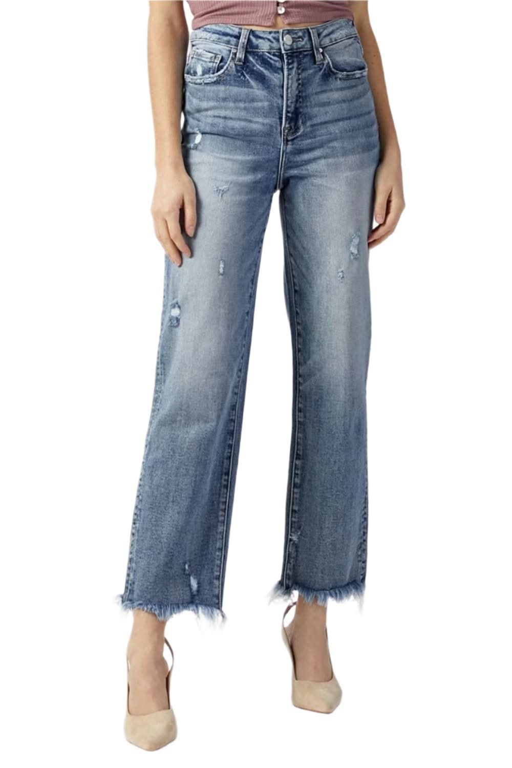 RISEN High Waist Raw Hem Straight Jeans