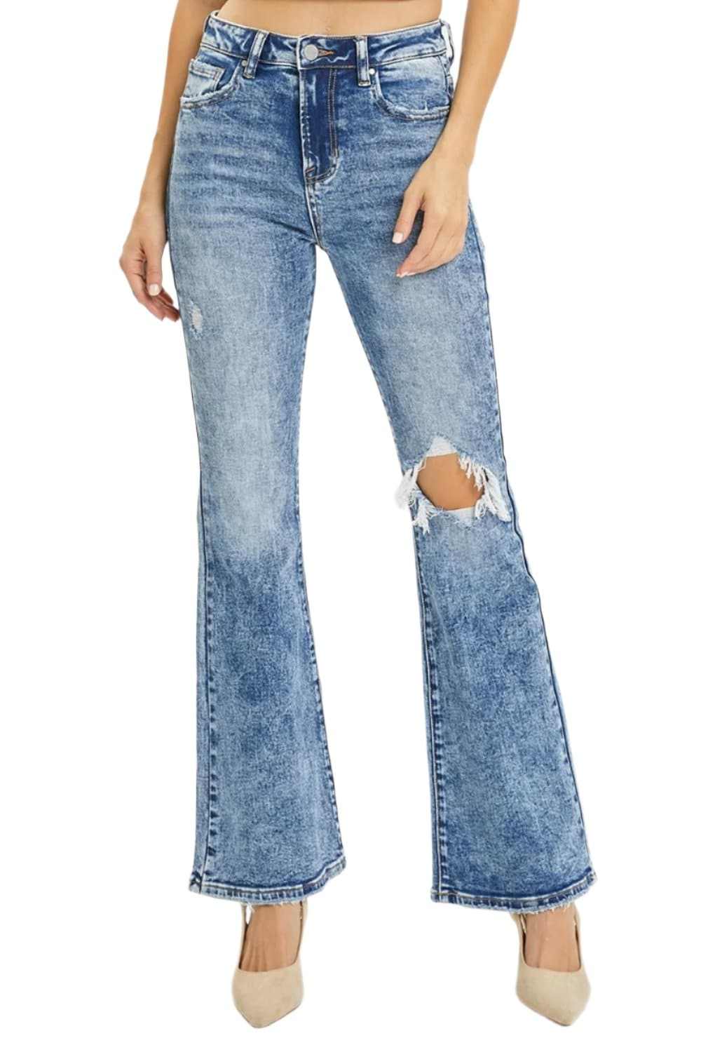 Risen high rise distressed flares