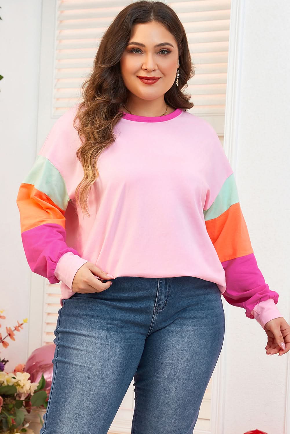 Trendy pink plus size long sleeve top