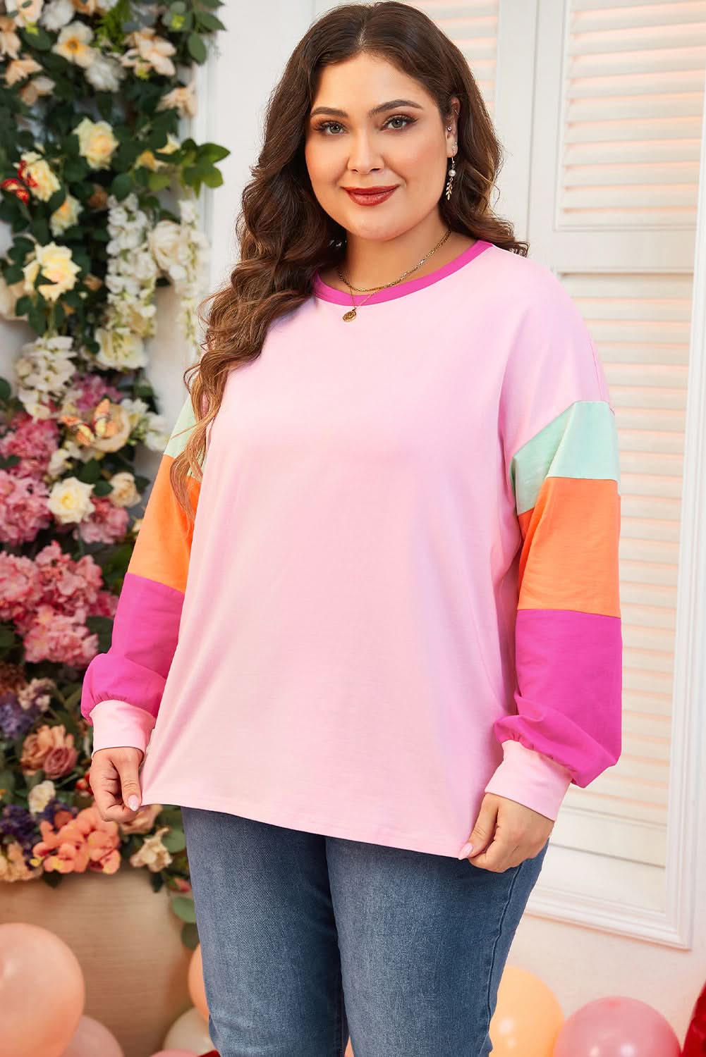 Trendy pink plus size long sleeve top