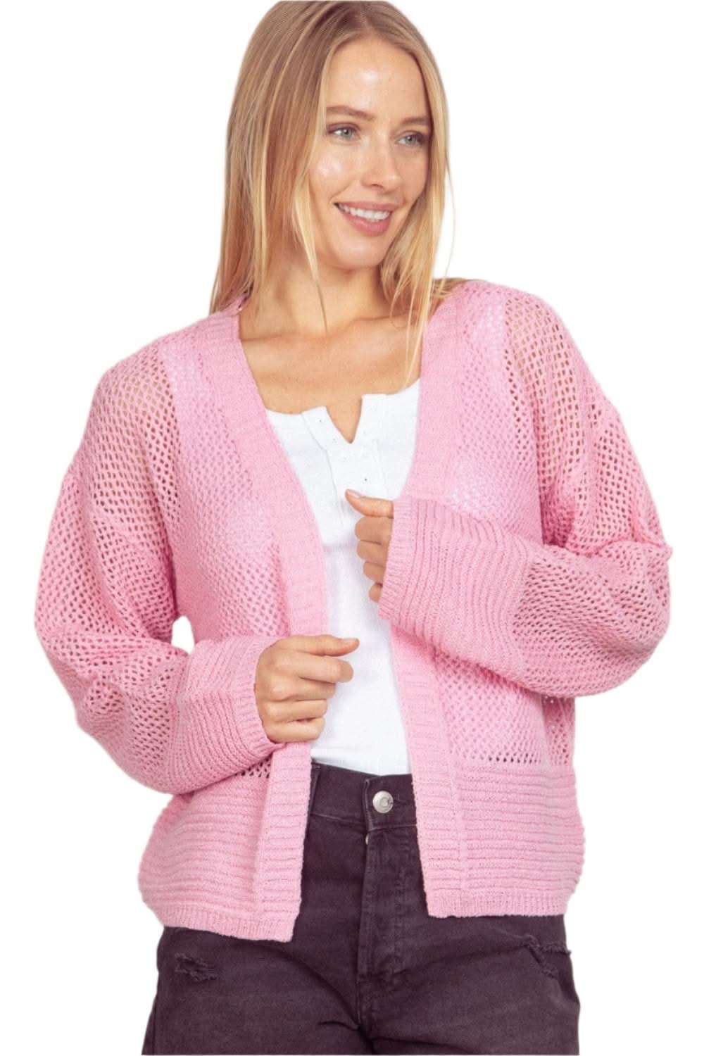 VERY J Eyelet Open Front Long Sleeve Cardigan