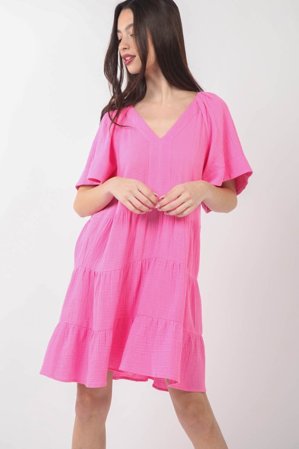 Very J Texture V-Neck Ruffled Tiered Dress for Elegance