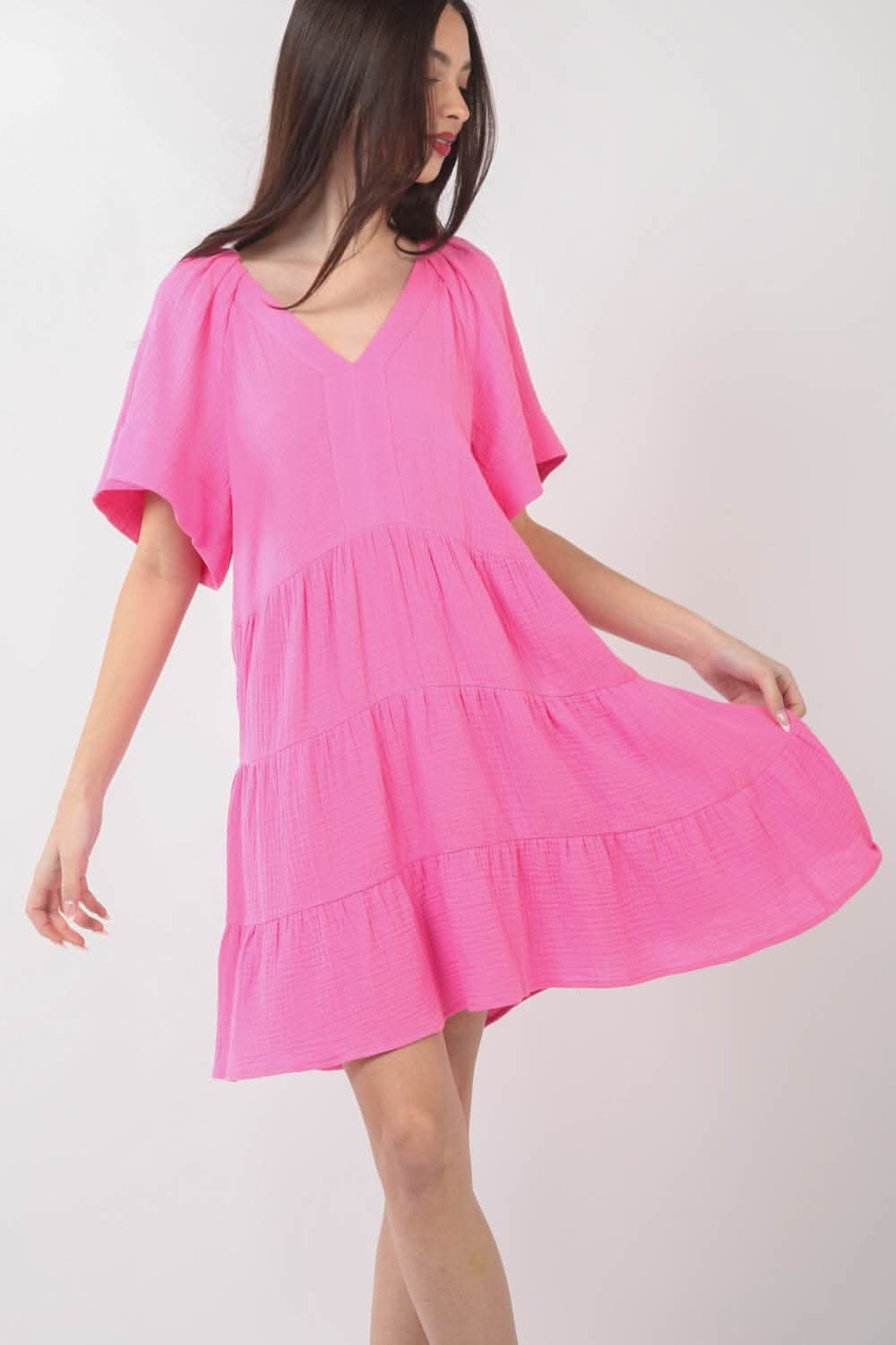 Very J Texture V-Neck Ruffled Tiered Dress for Elegance