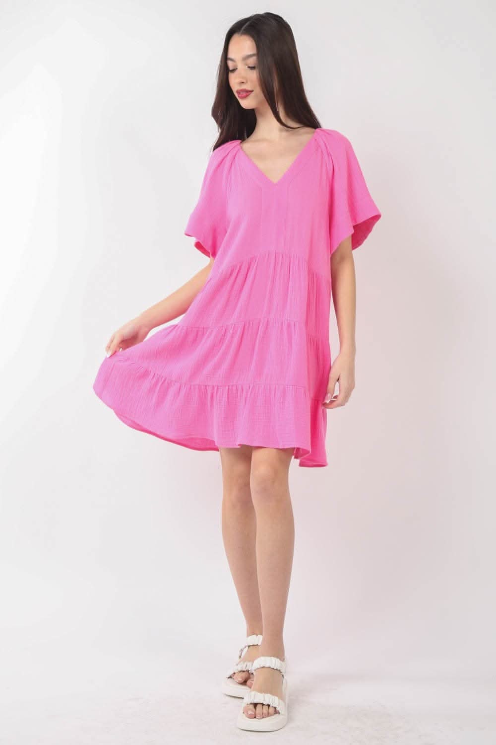 Very J Texture V-Neck Ruffled Tiered Dress for Elegance