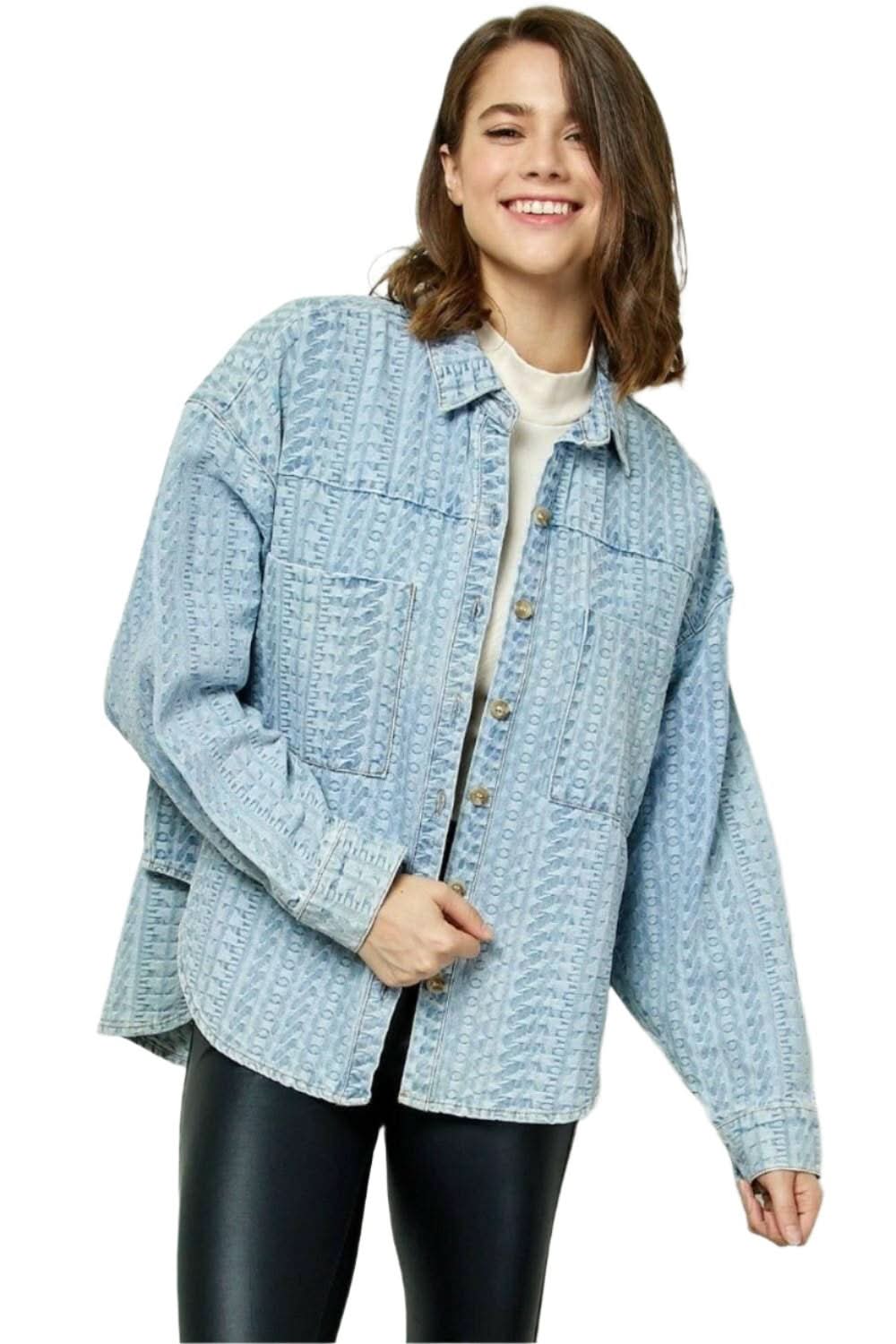 Veveret Denim Dropped Shoulder Button-Up Top with Pocket - Effortlessly Stylish Casual Chic