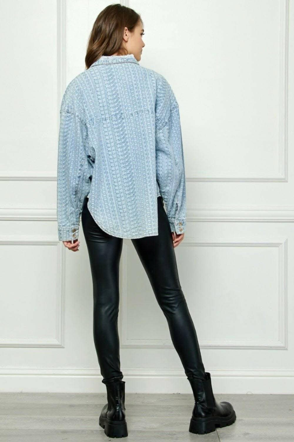 Veveret Denim Dropped Shoulder Button-Up Top with Pocket - Effortlessly Stylish Casual Chic