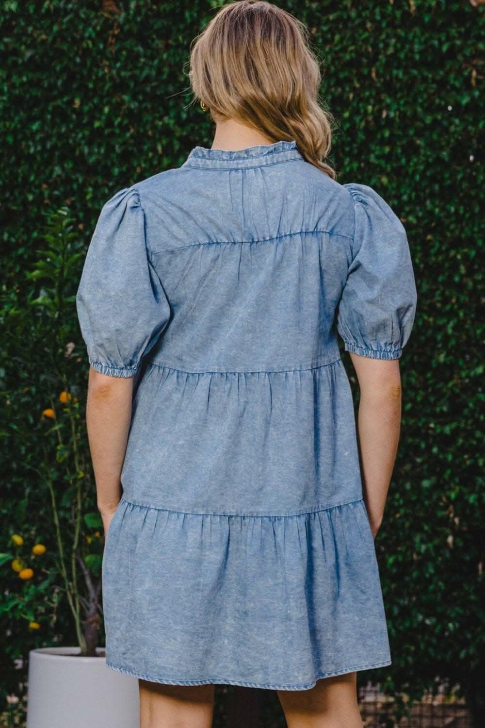 Washed Denim Tiered Mini Dress with Pockets
