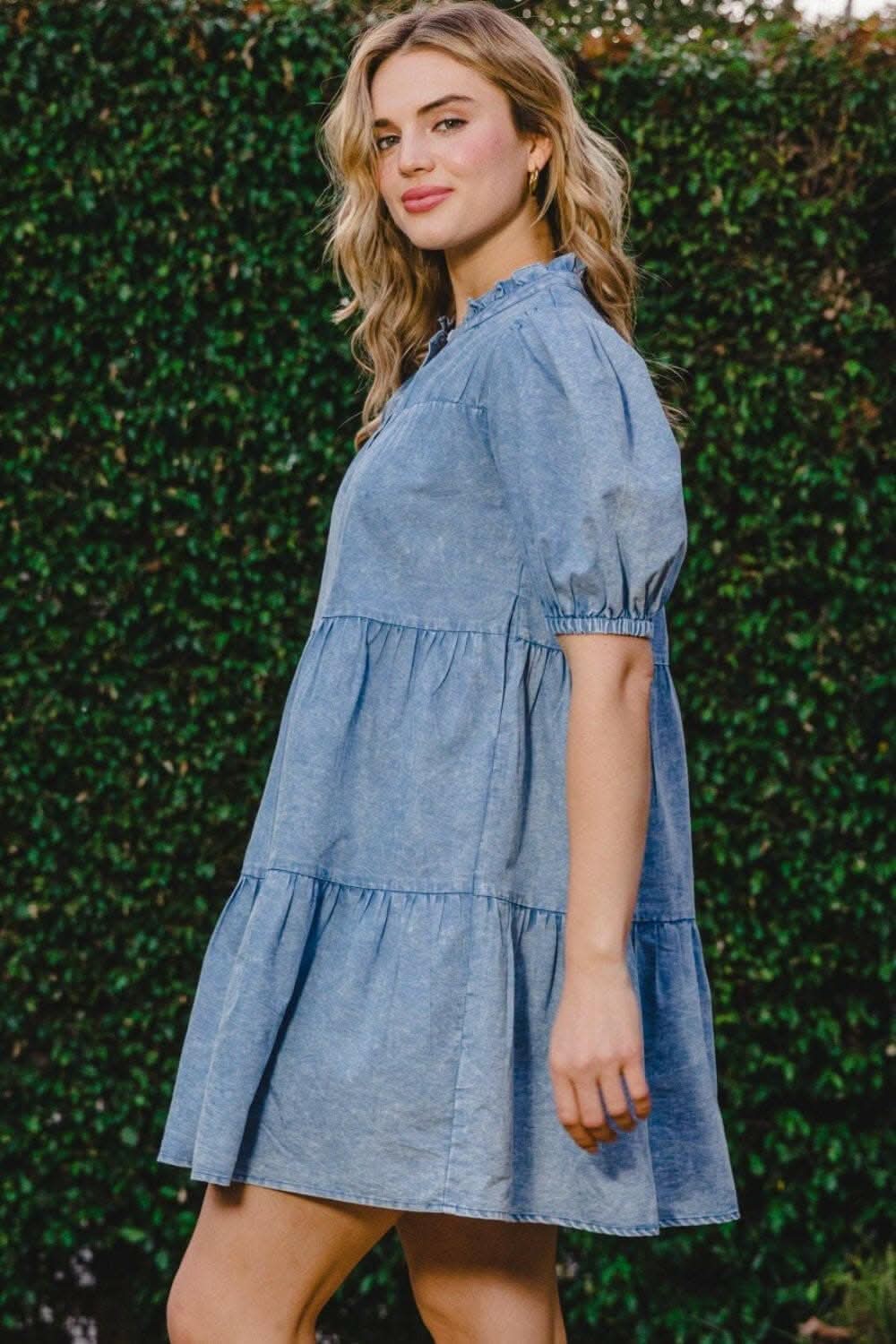 Washed Denim Tiered Mini Dress with Pockets