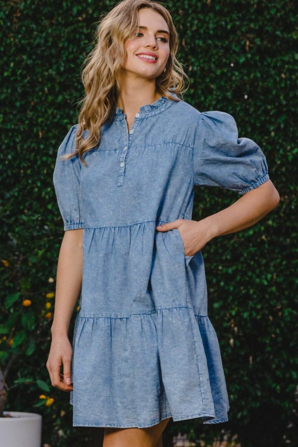 Washed Denim Tiered Mini Dress with Pockets