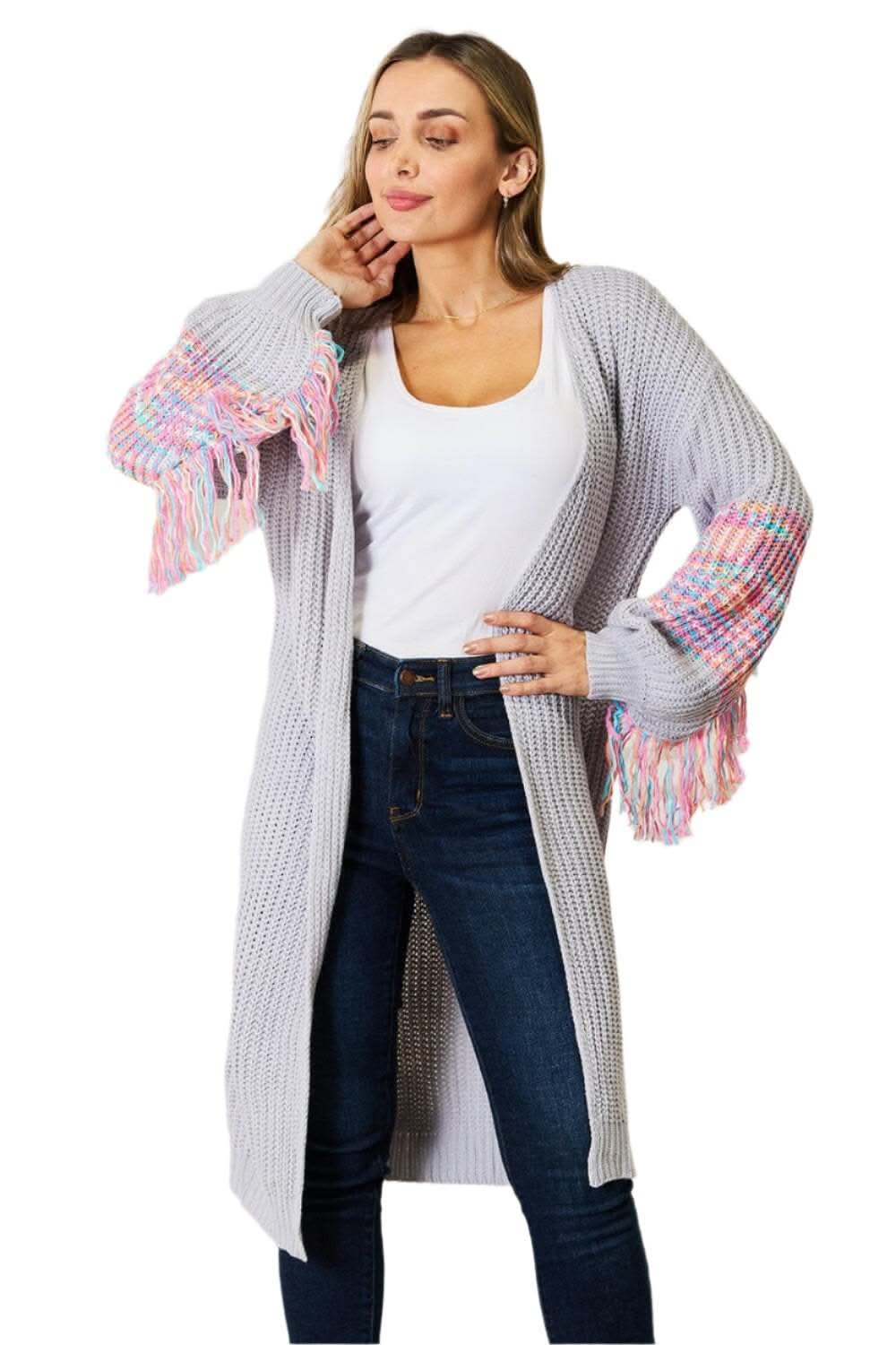 Woven Right fringe sleeve cardigan