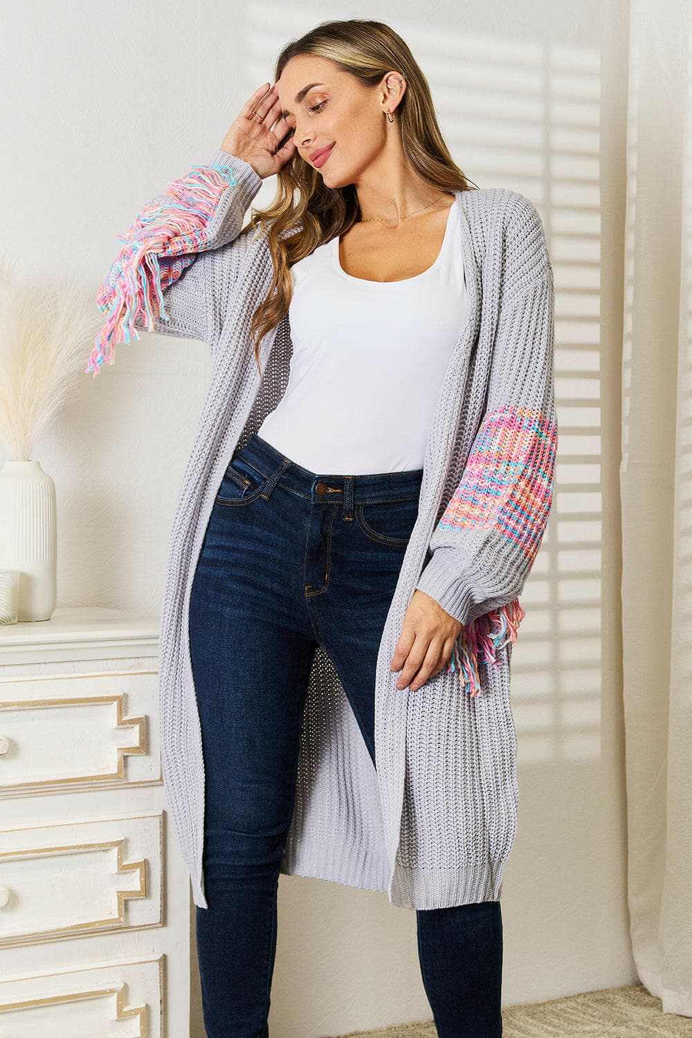 Woven Right fringe sleeve cardigan