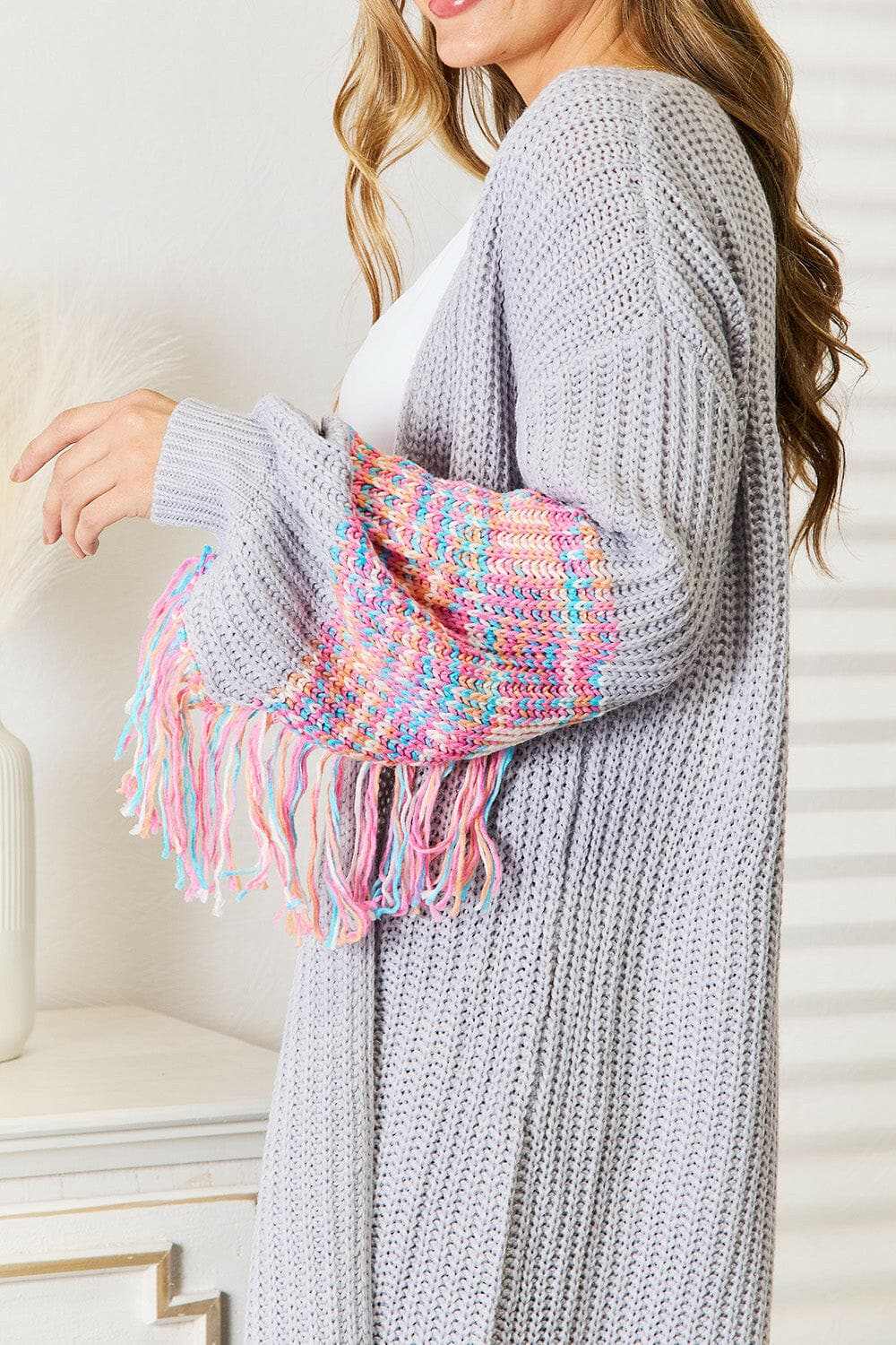 Woven Right fringe sleeve cardigan