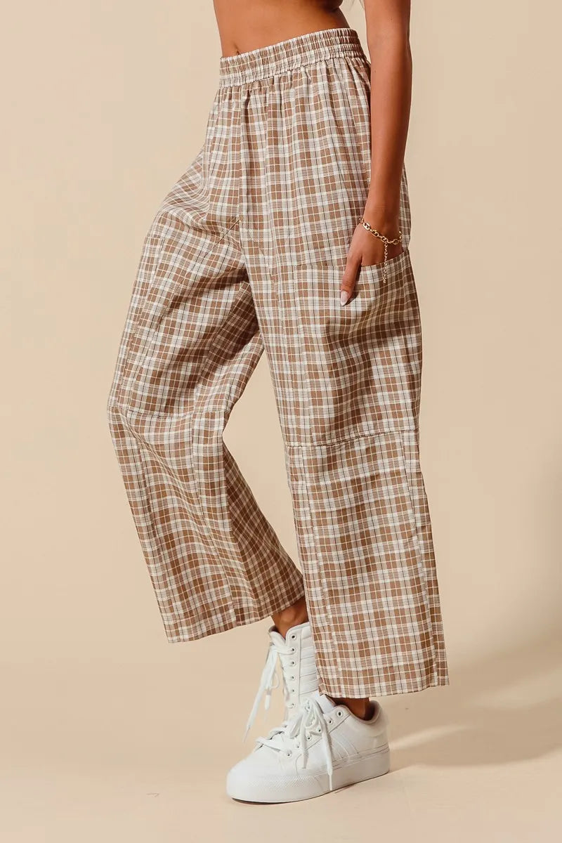 SO ME Check Plaid Wide Leg Pants with Big Patch Pockets