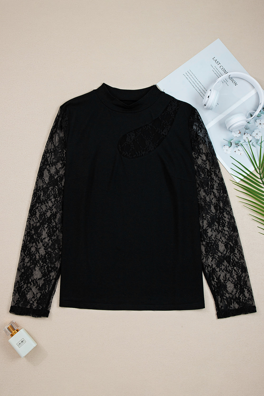 Black Plus Size Lace Patchwork Cutout Long Sleeve Top