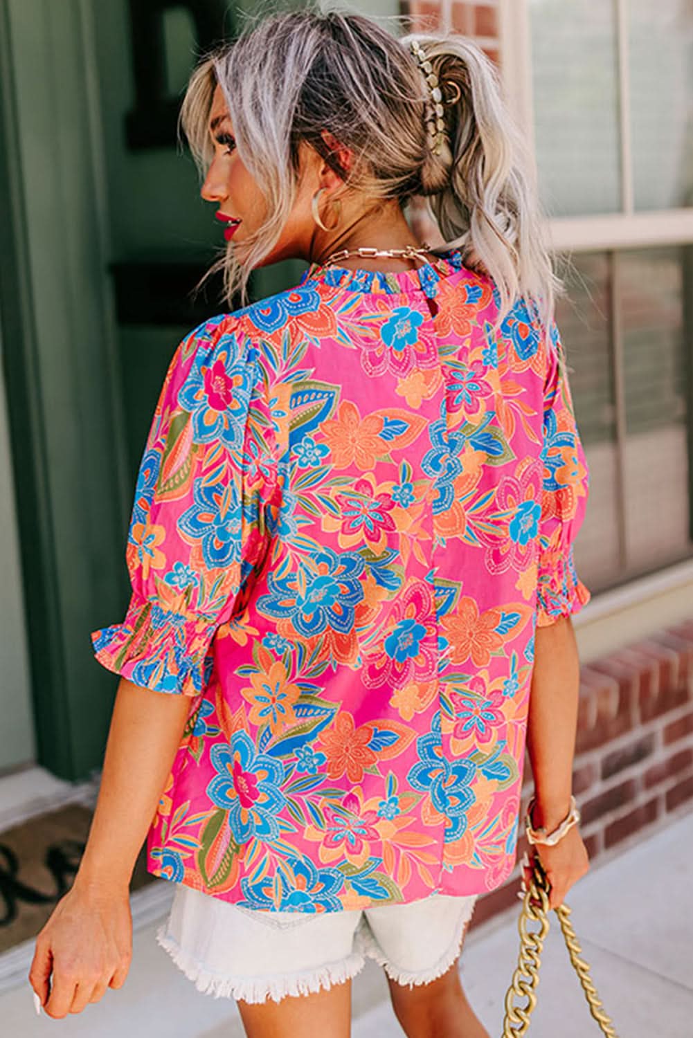 Rose plus floral blouse - frilly neck, puff sleeves