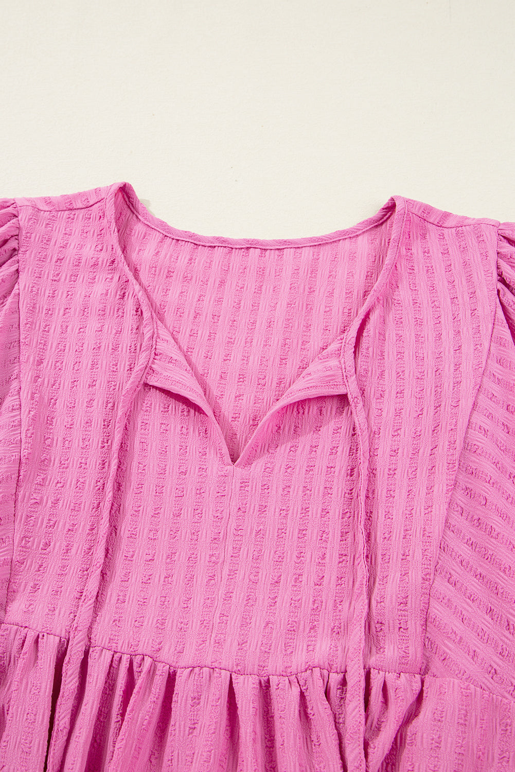 Premium Sachet Pink Plus Size Textured Tie Split Neck Puff Sleeve Flowy Mini Dress
