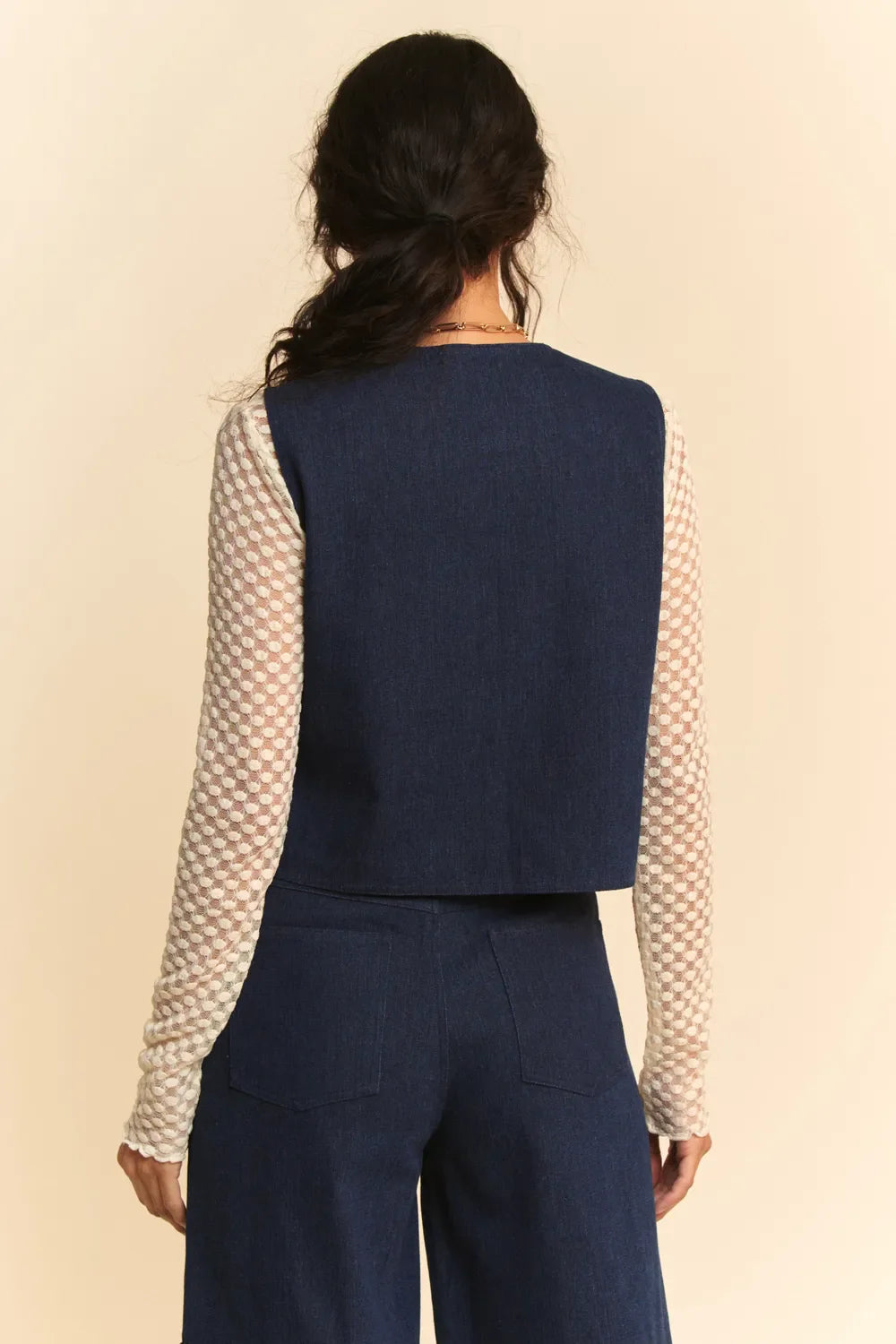 Davi and Dani Lace Patch Open Front Denim Vest