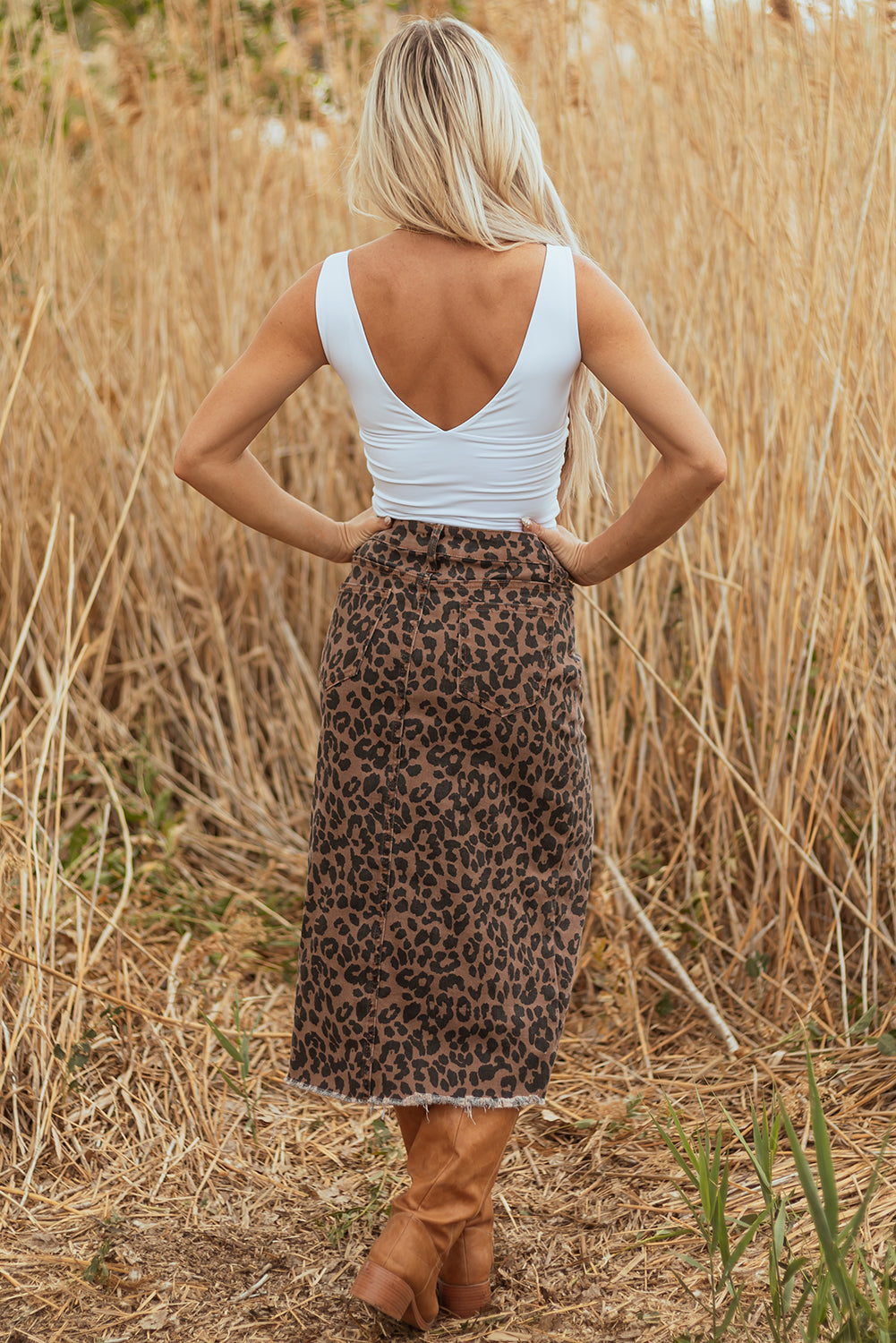 Brown Leopard Denim Frayed Split Denim Midi Skirt For Women