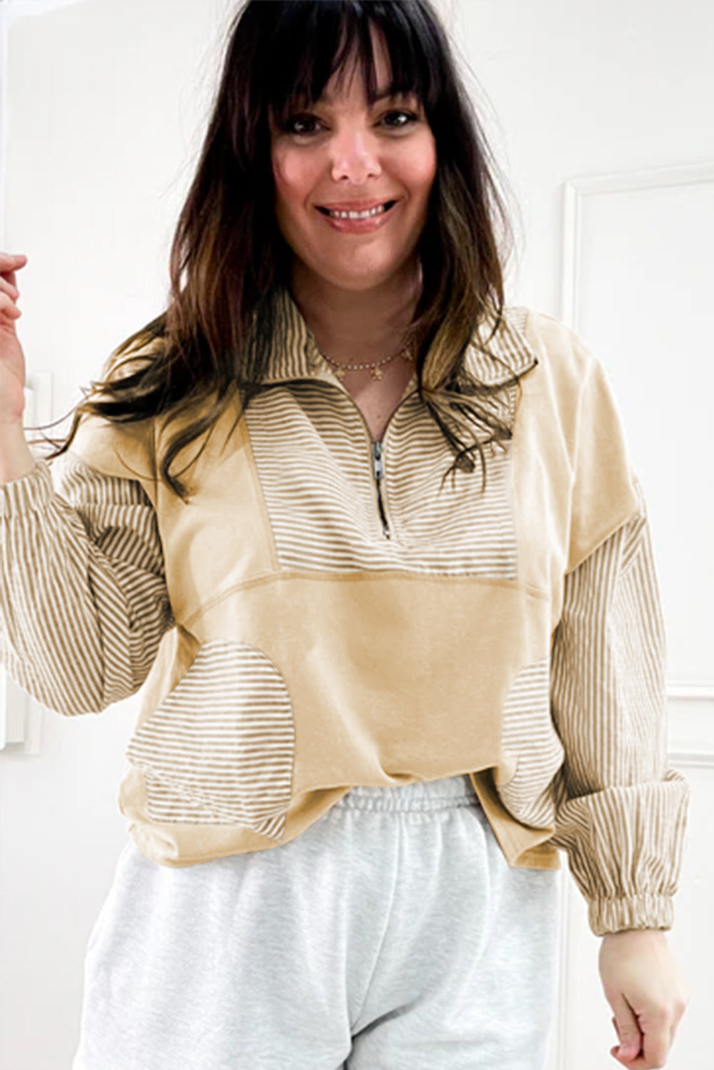 Khaki Stripe Mix Half Zip French Terry Plus Size Sweatshirt