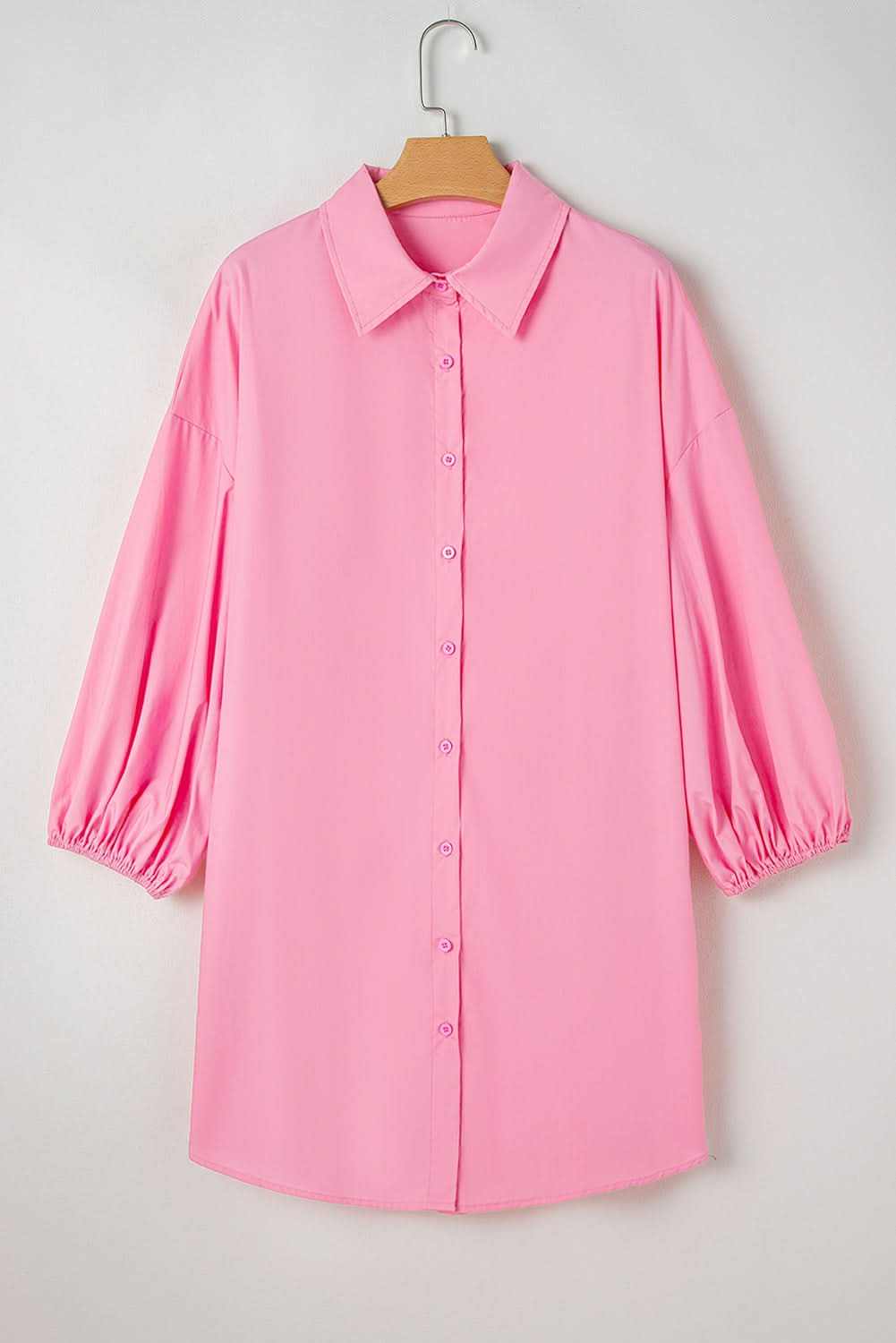 Bright Pink Balloon Sleeve Button Up Mini Shirt Dress
